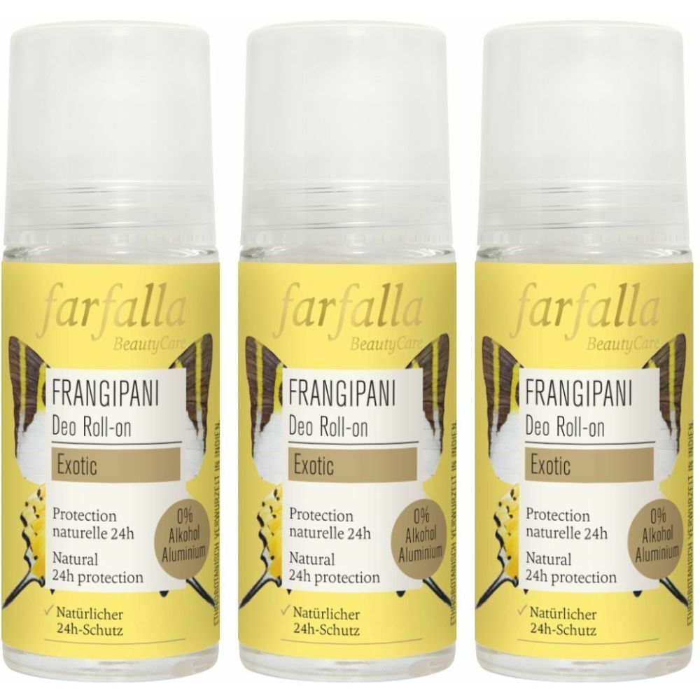 Drei Roll-on-Deodorants mit gelben Etiketten. Aufschrift: farfalla BeautyCare FRANGIPANI Deo Roll-on Exotic. 0% Aluminium, 24h Schutz.