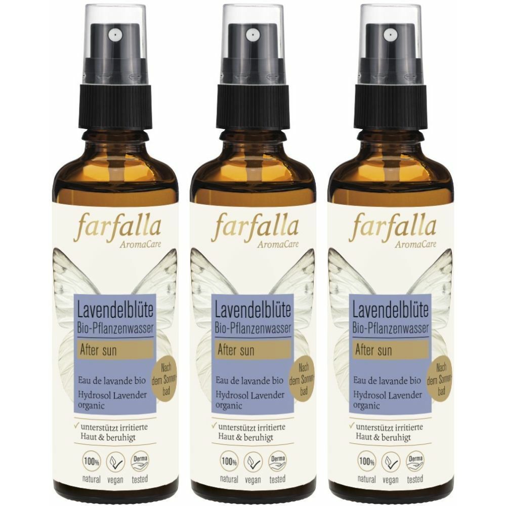 Drei Flaschen mit Sprühkopf. Aufschrift: farfalla AromaCare, Lavendelblüte Bio-Pflanzenwasser, After Sun. Aufkleber mit Text und Logo.