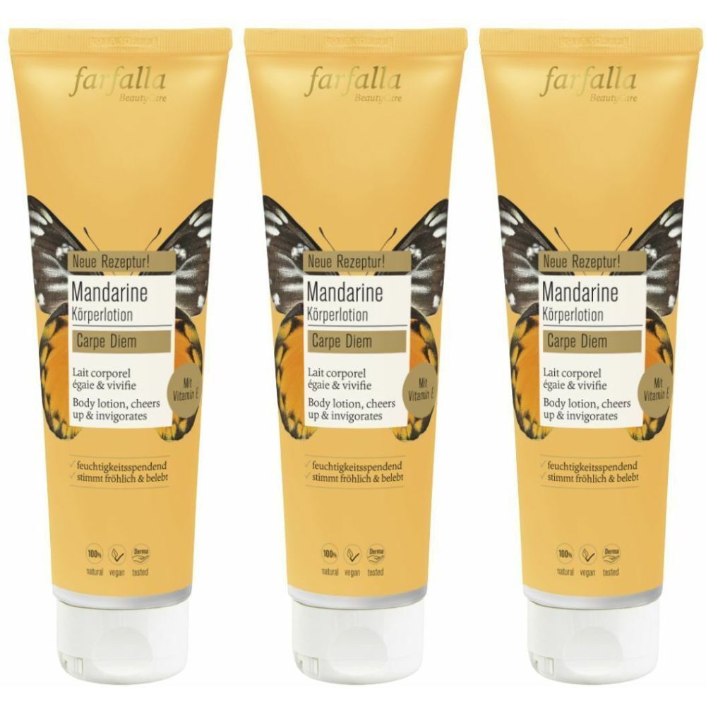 Drei Tuben Körperlotion mit Mandarine-Aufdruck. Aufschrift: farfalla, Mandarine Körperlotion, Carpe Diem.