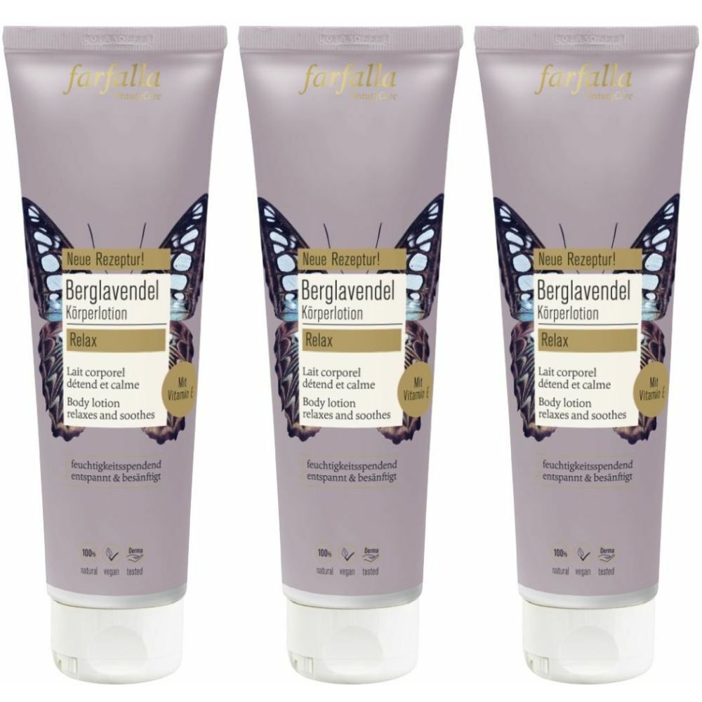 Drei Tuben Körperlotion. Auf jeder Tube steht "Berglavendel Körperlotion Relax". Die Verpackung hat ein Schmetterlingsmuster.