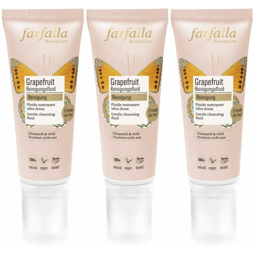 Drei Tuben Reinigungsfluid mit Grapefruit-Motiv. Aufschrift: farfalla, Grapefruit Reinigungsfluid, Fl. nettoyant ultra doux, Gentle cleansing fluid.