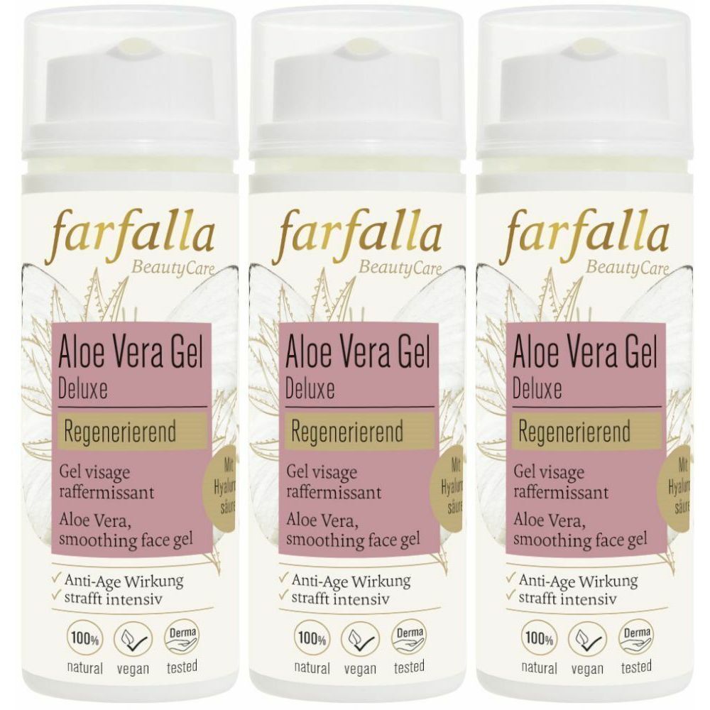 Drei Flaschen Gesichtsgel. Aufschrift: farfalla BeautyCare, Aloe Vera Gel Deluxe, Regenerierend. Mit Logos für vegan und getestet.