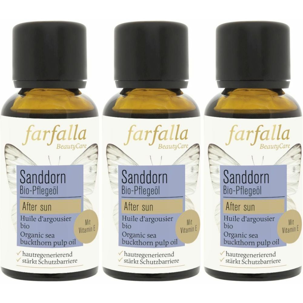 Drei Flaschen Sanddorn Bio-Pflegeöl. Braunes Öl in Glasflaschen mit schwarzem Deckel. Aufschrift: farfalla, Sanddorn, After Sun, Vitamin E.