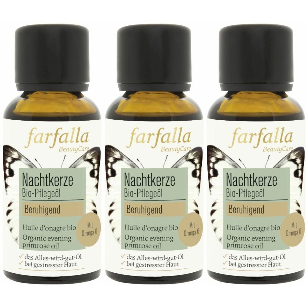 Drei Flaschen FARFALLA Bio-Nachtkerzenöl. Braune Glasflaschen mit schwarzem Deckel und weißem Etikett. Text: Nachtkerze, Bio-Pflegeöl, Beruhigend.