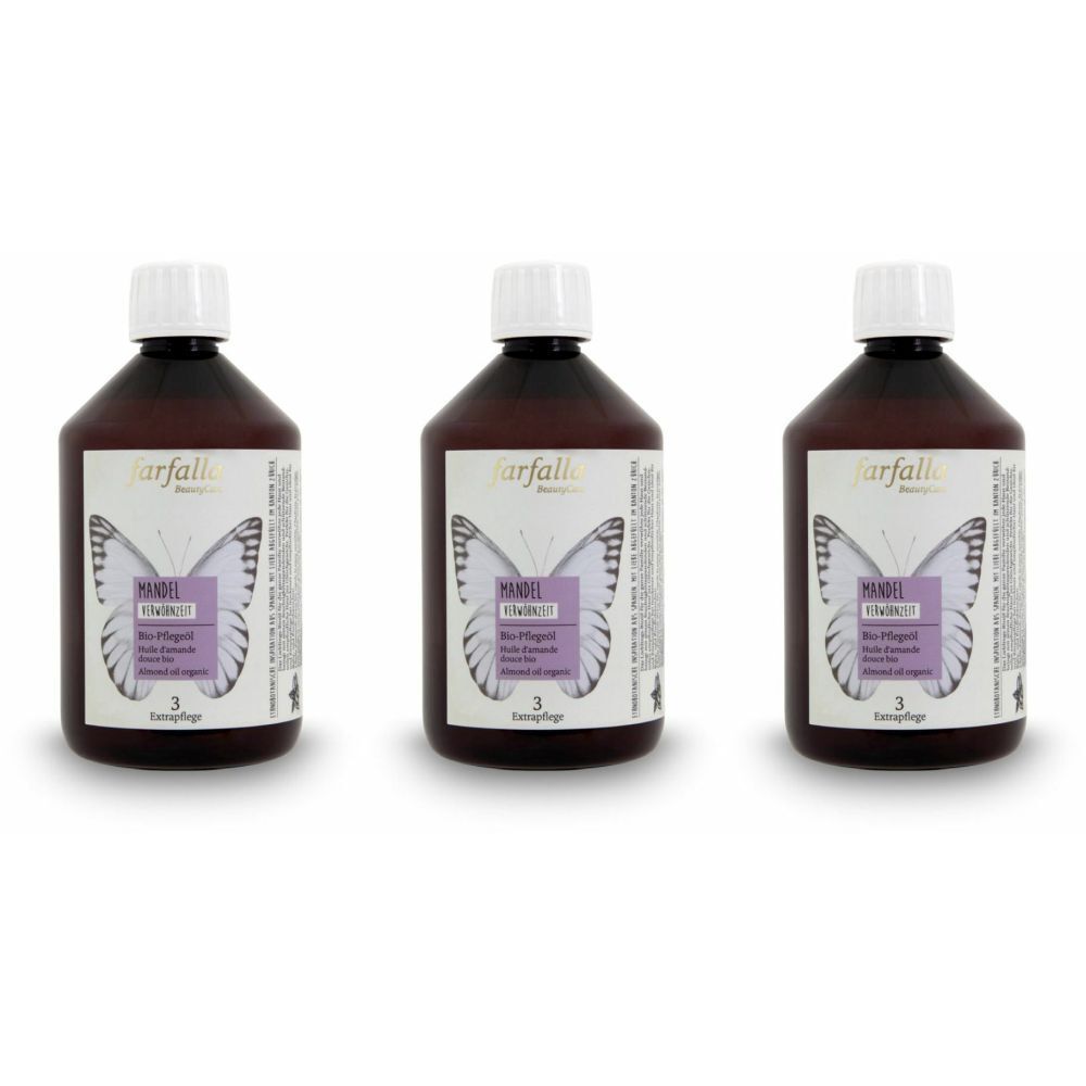 Drei braune Flaschen mit weißem Deckel. Auf dem Etikett steht "farfalla BeautyCare MANDEL Bio-Pflegeöl".