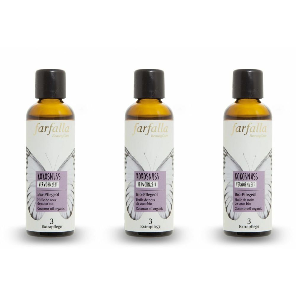 Drei braune Glasflaschen mit schwarzem Deckel. Auf den Etiketten steht "farfalla" und "KOKOSNUSS".
