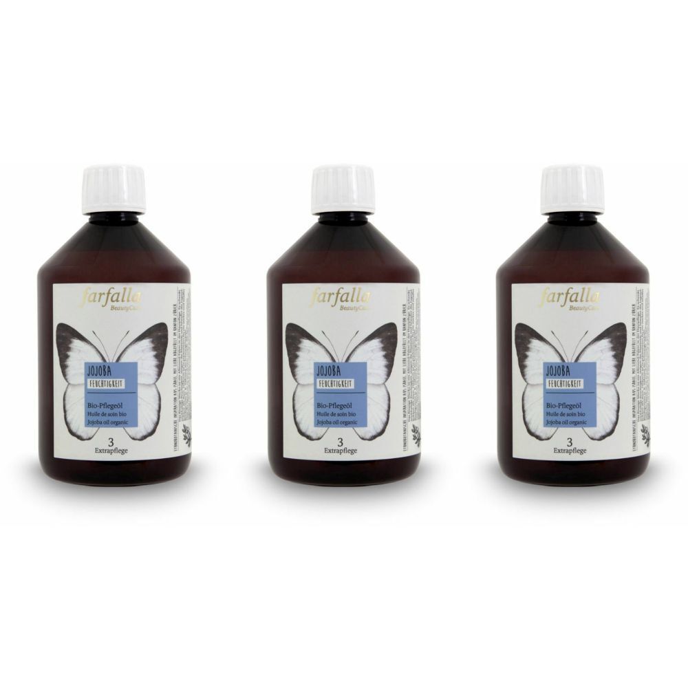 Drei braune Flaschen mit weißem Deckel. Etikett mit Schmetterling und Schriftzug. Aufschrift: JOJOBA bio-Pflegeöl.