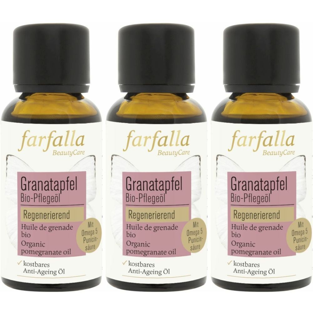 Drei Flaschen FARFALLA Bio-Granatapfelöl. Braune Glasflaschen mit schwarzen Deckeln. Etikett mit Produktinformationen.