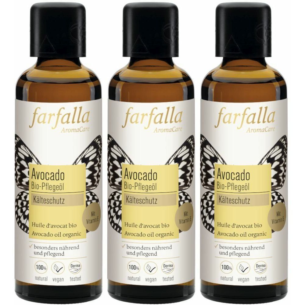 Drei Flaschen Avocado Bio-Pflegeöl. Aufschrift: farfalla, Avocado Bio-Pflegeöl, Kälteschutz. Mit Vitamin E. 100% natural, vegan, getestet.