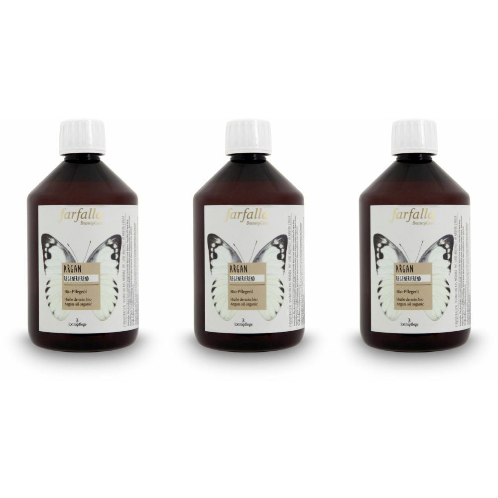 Drei braune Flaschen mit weißem Deckel. Aufkleber mit Schmetterling und Schriftzug.