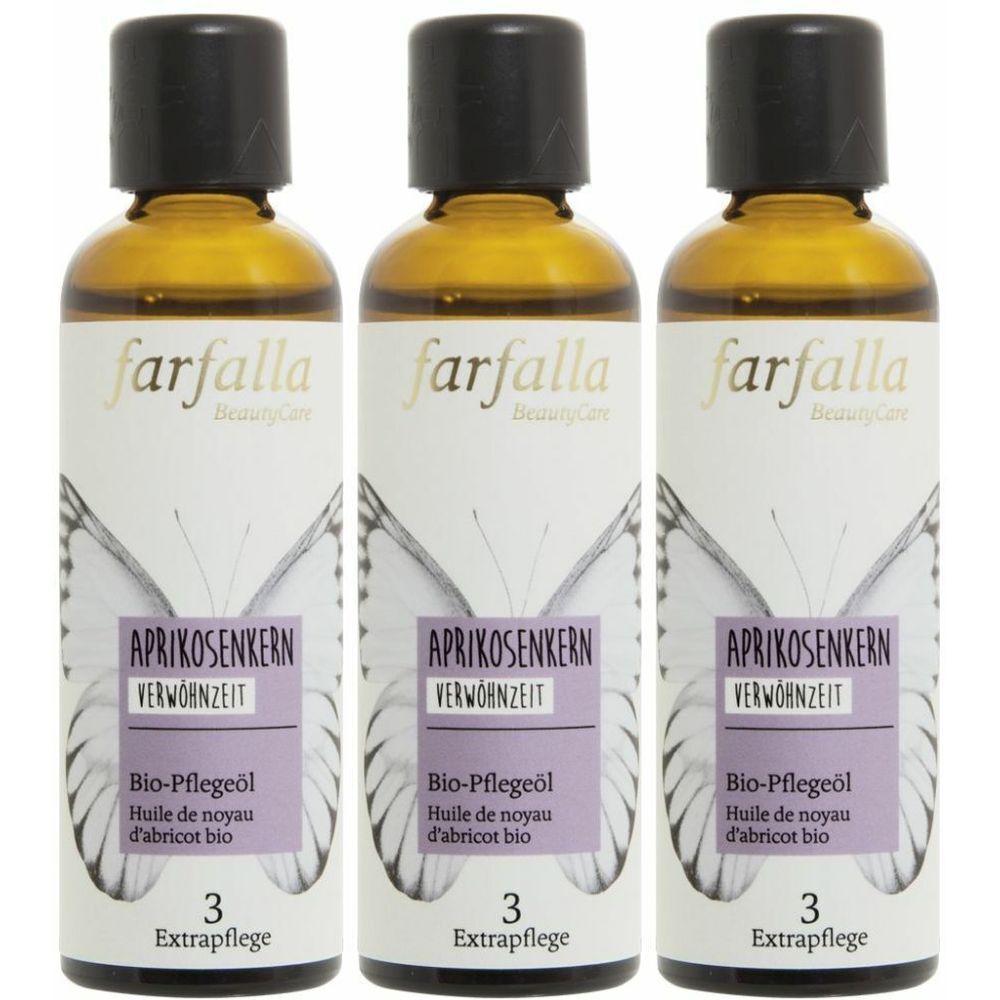 Drei Flaschen farfalla BeautyCare Bio-Pflegeöl. Jede Flasche hat einen schwarzen Deckel und ein weißes Etikett mit Produktinformationen.