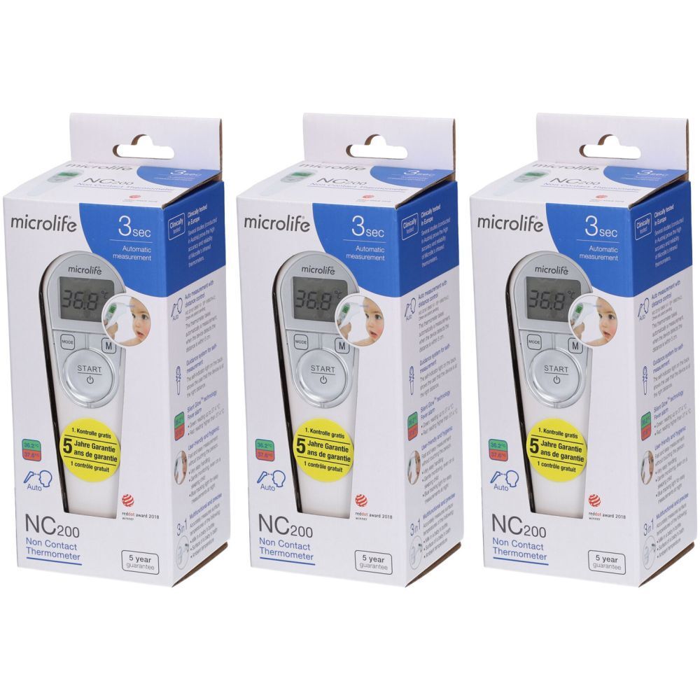 Drei verpackte kontaktlose Fieberthermometer. Jedes zeigt ein Display mit Temperaturanzeige und die Marke Microlife.