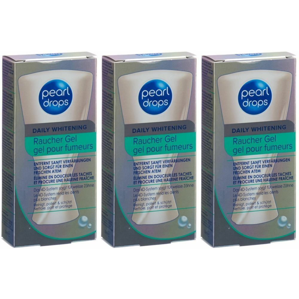 Trois boîtes de "pearl drops" Raucher Gel. Inscription: Daily Whitening. Emballage vert et blanc avec informations produit.