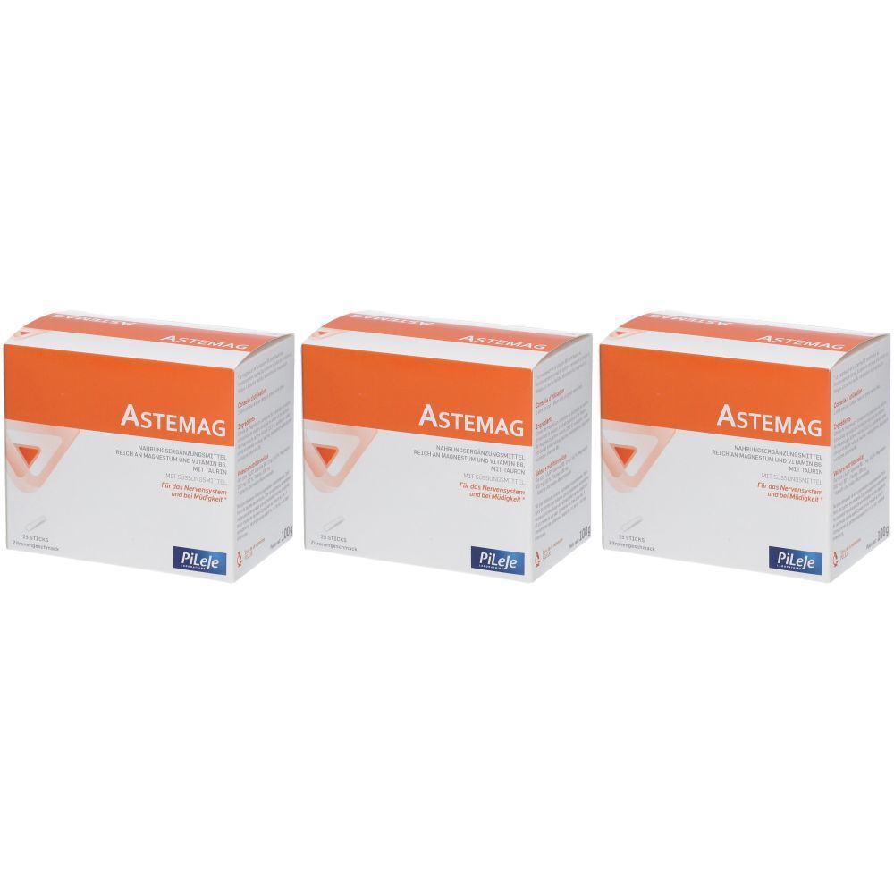Drei Schachteln Astemag. Weiße Verpackung mit orangefarbenem Streifen und Produktnamen. Marke Pileje unten.
