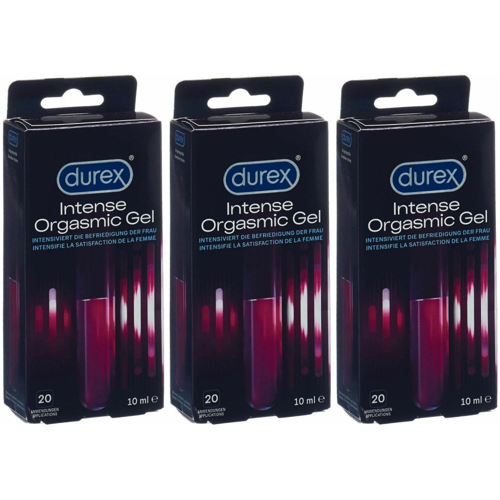 Trois boîtes de Durex Intense Orgasmic Gel. Emballage noir avec nom et logo du produit. 10 ml par boîte.