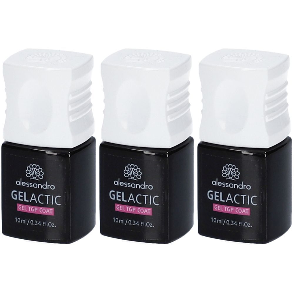 Drei Flaschen Nagellack. Schwarze Flaschen mit weißem Deckel. Aufschrift: Alessandro Gelactic Gel Top Coat.