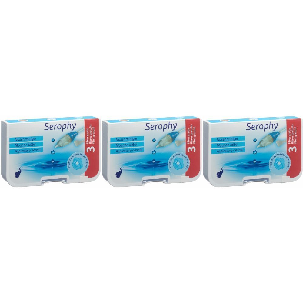 Drei Packungen SEROPHY Baby-Fliege. Jede Packung zeigt eine blaue Abbildung und die Aufschrift "3".