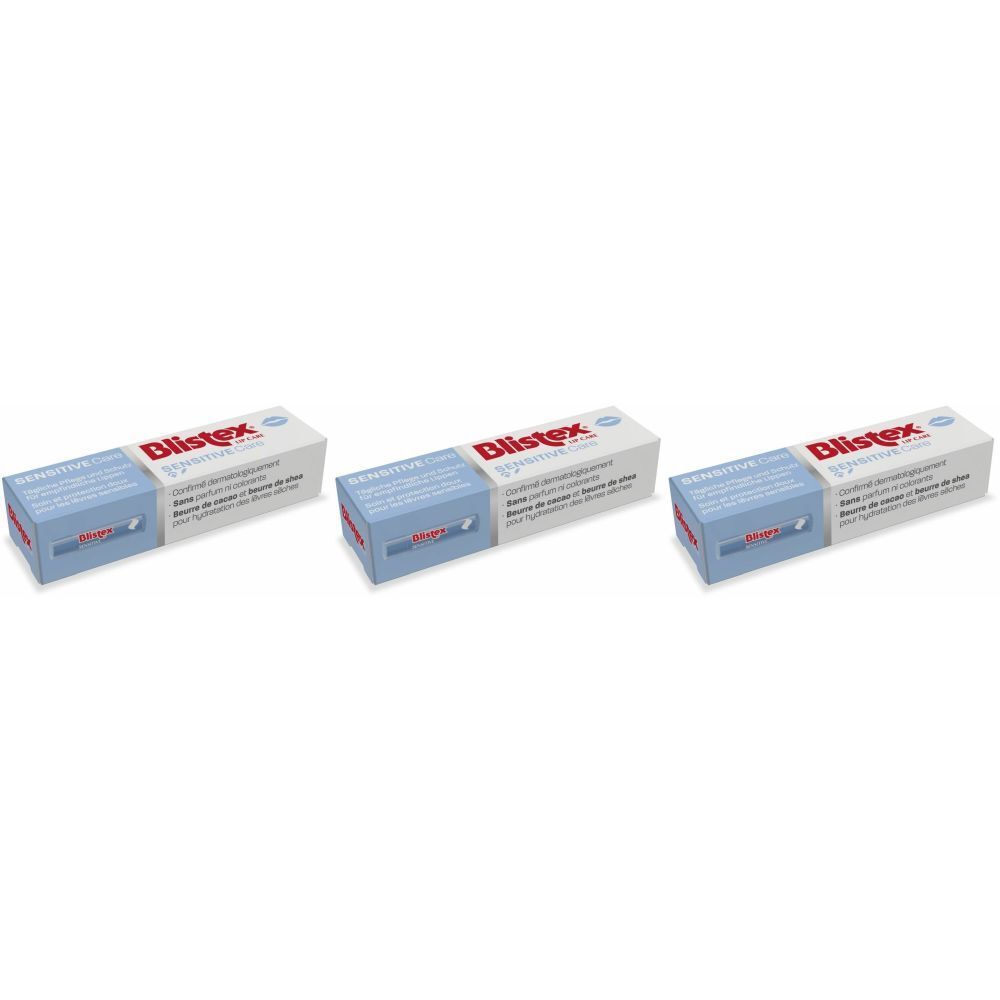 Trois boîtes de Blistex® SENSITIVE CREAM. Boîtes blanches avec bande bleue et texte rouge Blistex.