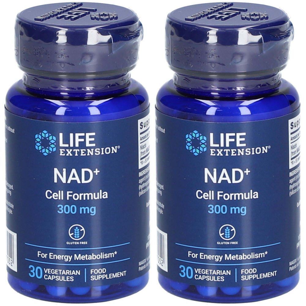 Deux flacons bleus avec texte blanc. Inscription: LIFE EXTENSION NAD+ Cell Formula 300 mg. 30 gélules végétariennes.