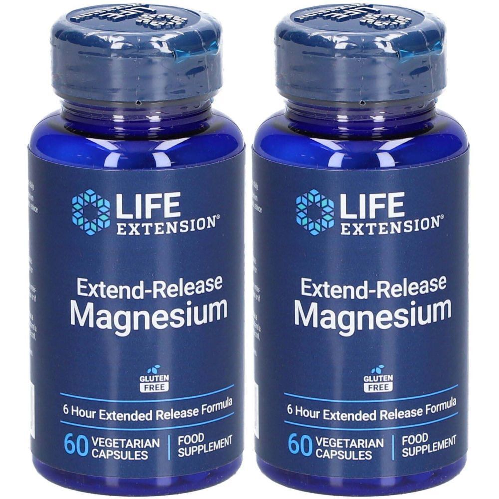 Zwei blaue Flaschen mit „LIFE EXTENSION“ und „Extend-Release Magnesium“. Enthält 60 vegetarische Kapseln. Glutenfrei.