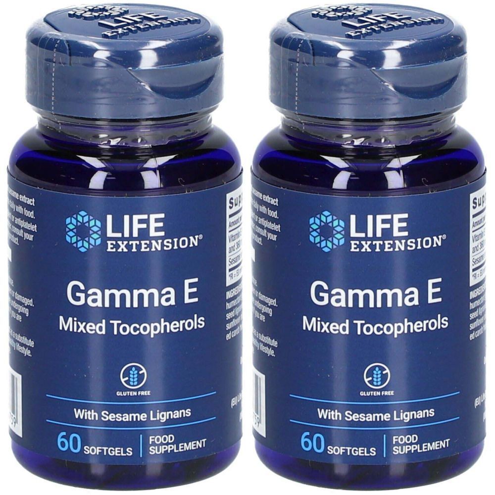 Deux flacons bleus. Étiquettes : "LIFE EXTENSION Gamma E Mixed Tocopherols". Symbole sans gluten. 60 gélules.