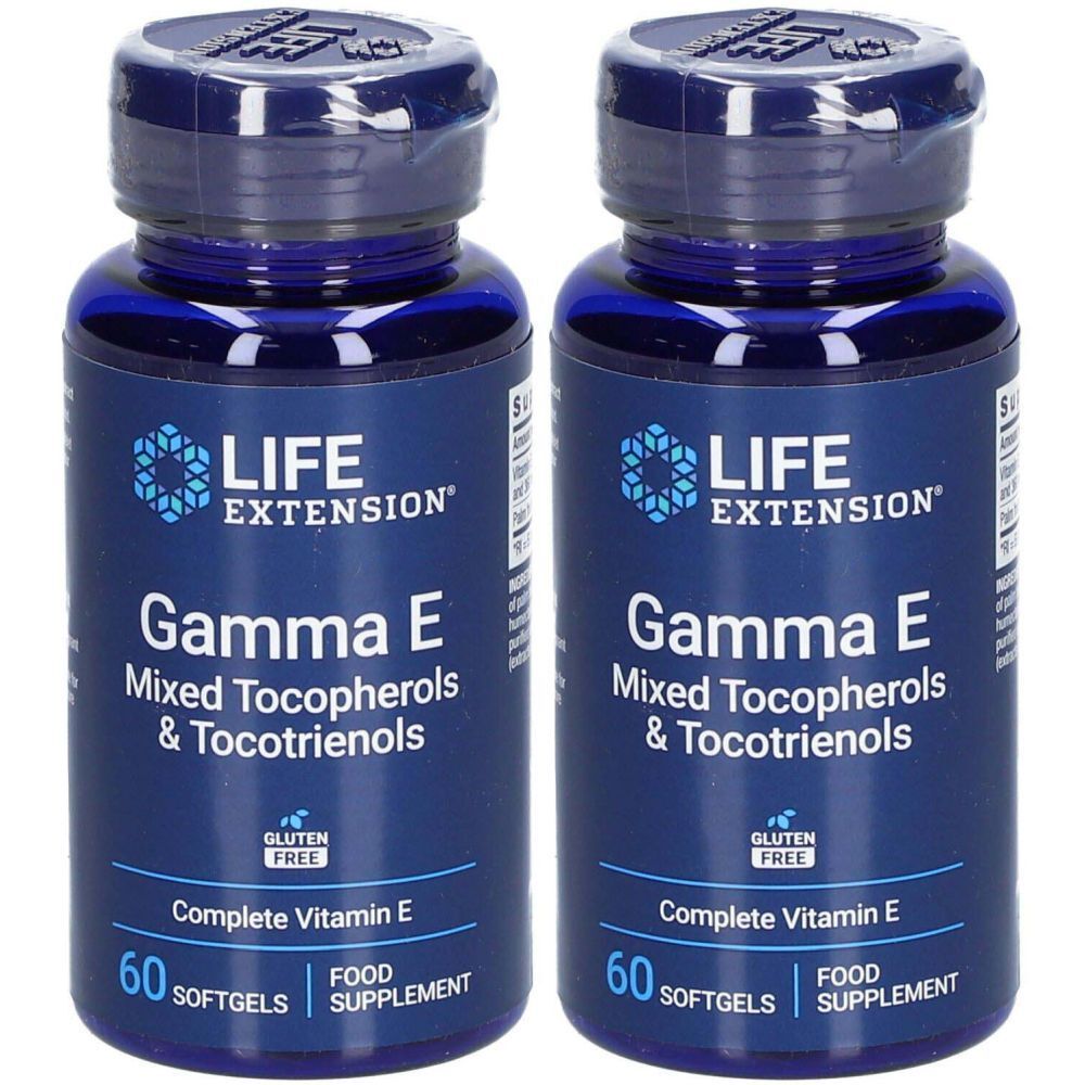 Zwei blaue Flaschen mit Kapseln. Aufschrift: LIFE EXTENSION Gamma E, gemischte Tocopherole & Tocotrienole, glutenfrei, 60 Softgels.