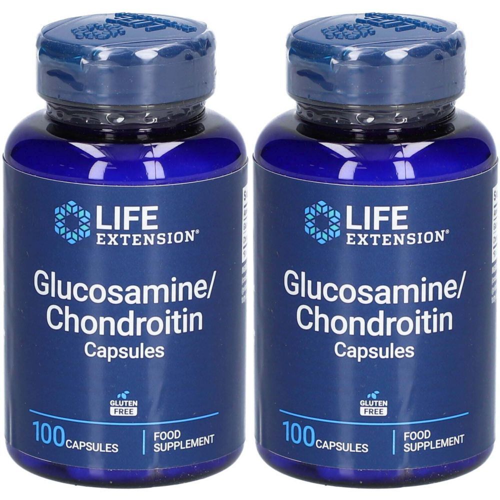 Deux flacons bleus de gélules. Inscription : LIFE EXTENSION Glucosamine/Chondroïtine, sans gluten, 100 gélules.