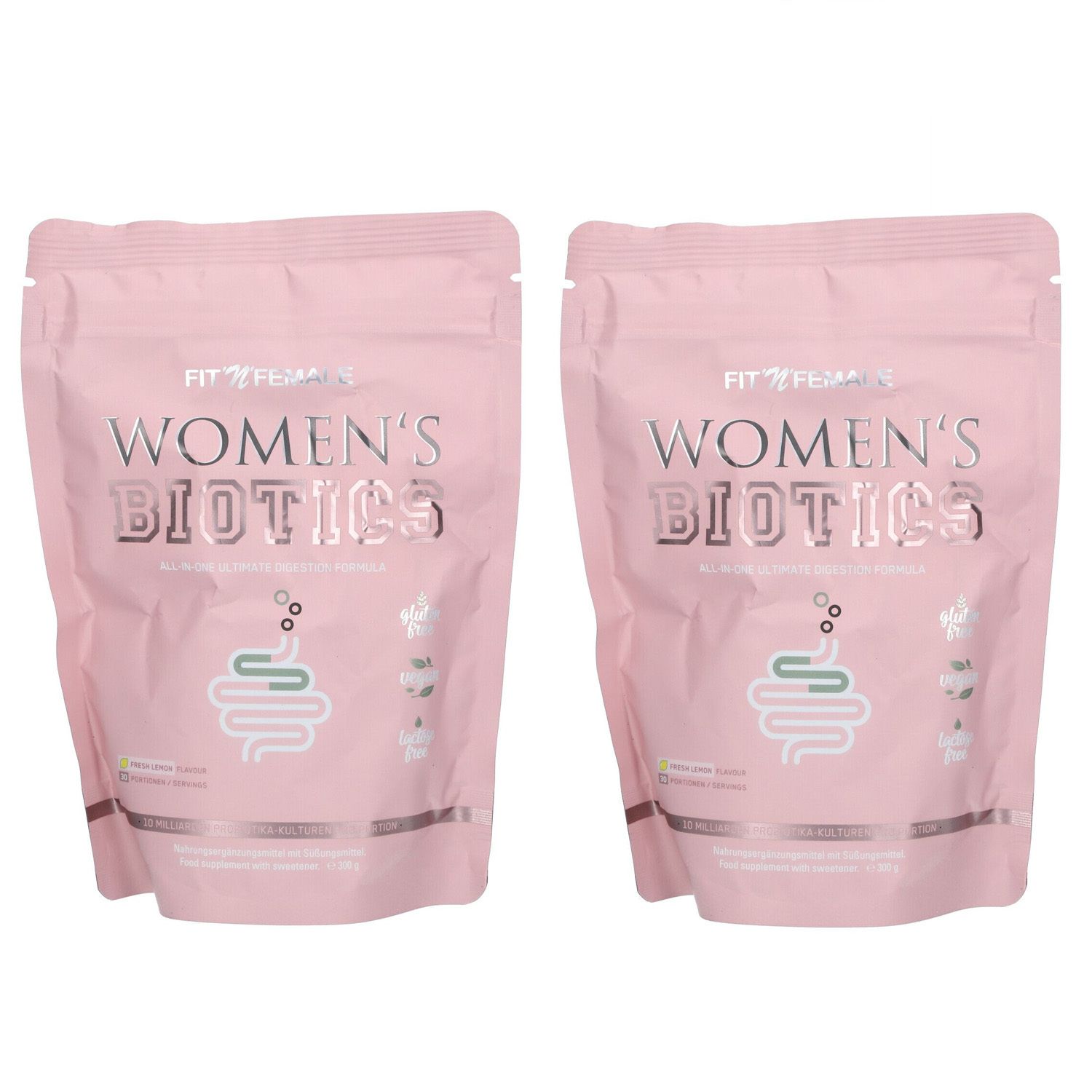 Zwei rosa Beutel mit der Aufschrift "WOMEN'S BIOTICS". Aufdrucke: Darm-Symbol, Schriftzug "FIT'N'FEMALE".