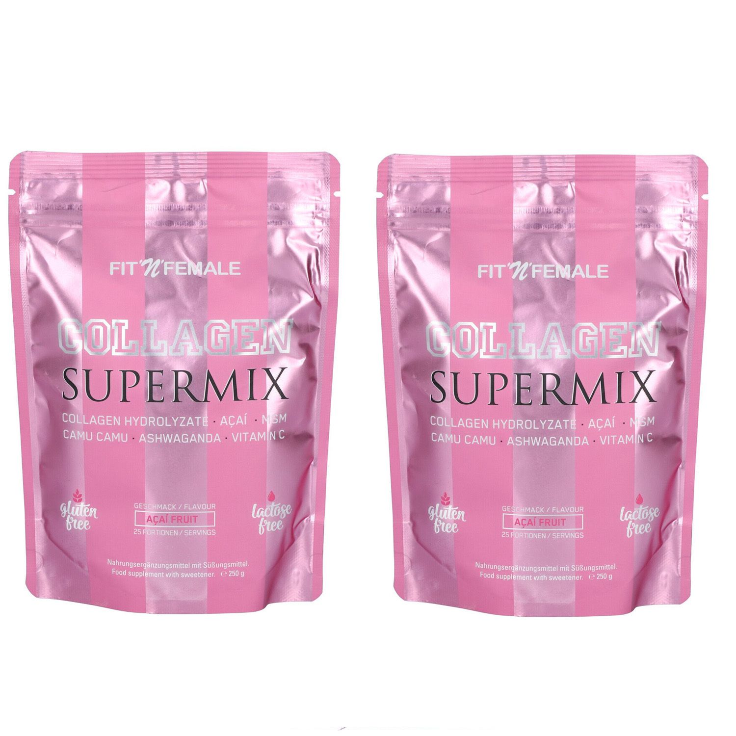 Zwei rosa Beutel mit der Aufschrift "COLLAGEN SUPERMIX". Enthält Collagen Hydrolysat, Acai, Camu Camu, Ashwaganda und Vitamin C. Glutenfrei und laktosefrei.