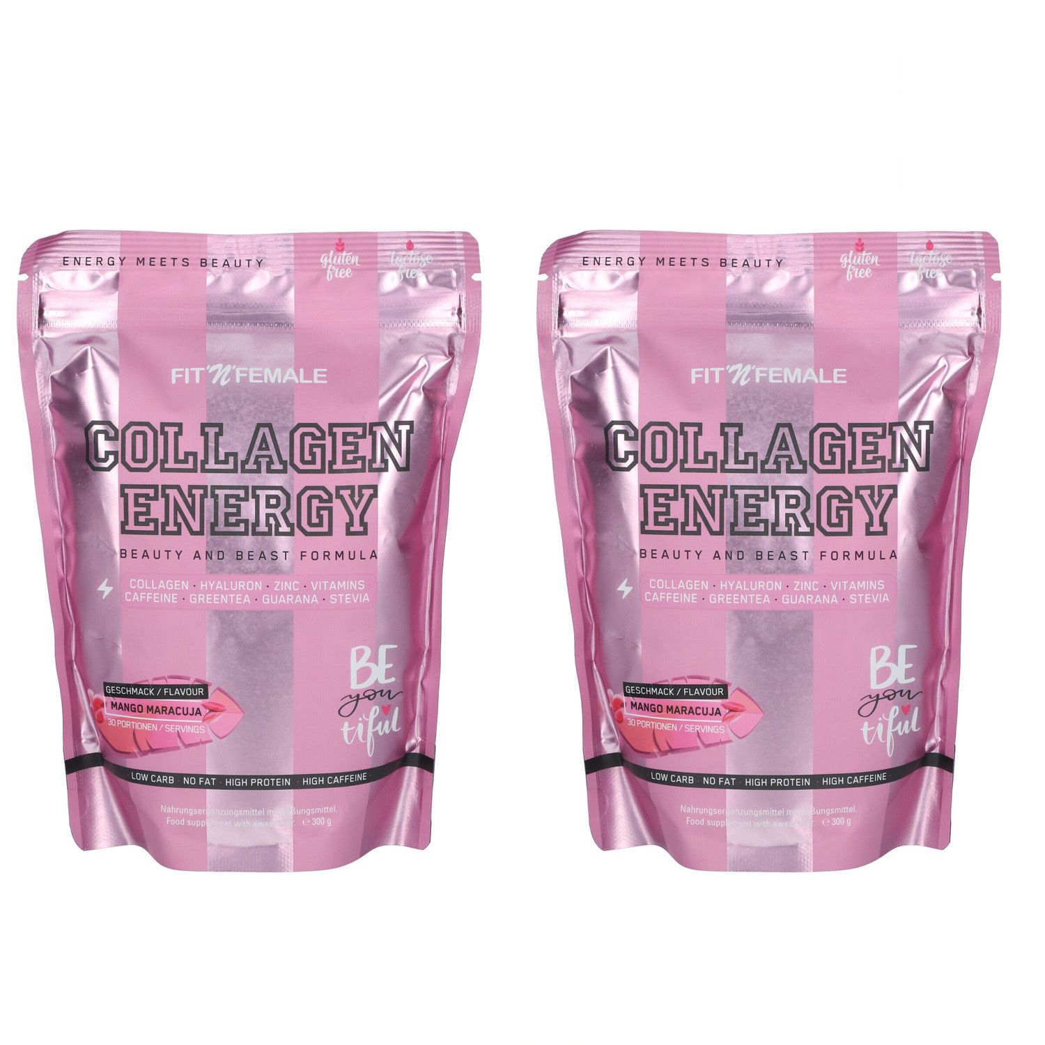 Deux sachets roses "COLLAGEN ENERGY". Contient collagène, hyaluron, zinc, vitamines, caféine, thé vert, guarana, stévia.