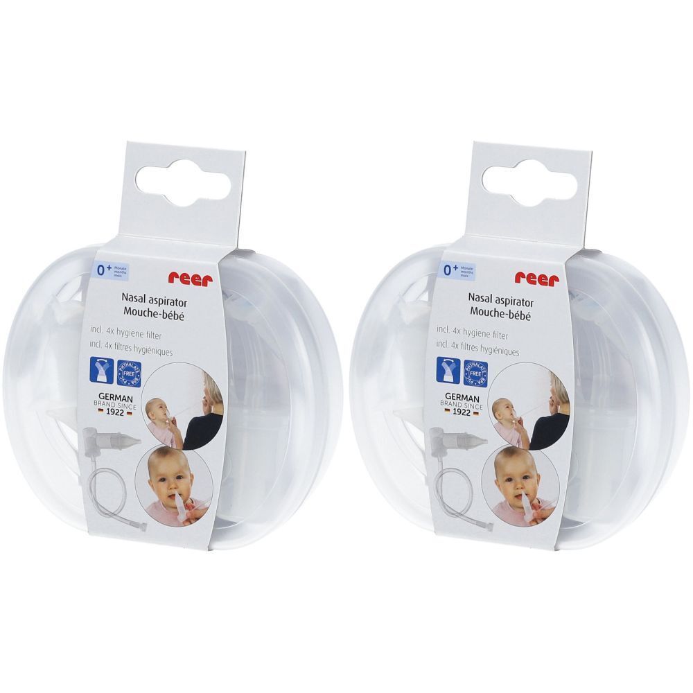 Zwei Nasensauger in Kugelverpackung. Auf der Verpackung steht "reer Nasal aspirator".
