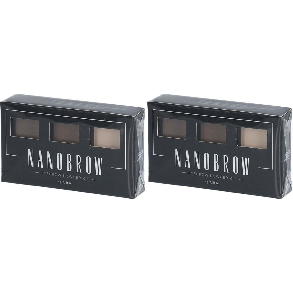 Deux coffrets de poudre à sourcils NANOBROW. Chaque coffret contient trois teintes. Le nom "NANOBROW" est visible sur l'emballage.
