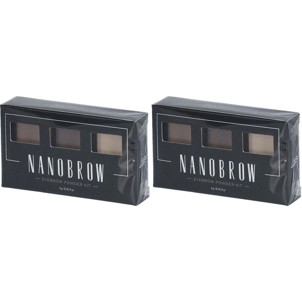 Zwei schwarze Verpackungen mit dem Schriftzug NANOBROW. Jede Packung enthält drei Augenbrauenpuder in verschiedenen Farbtönen.