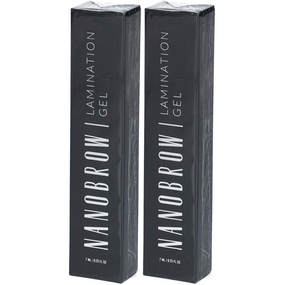 Deux boîtes noires avec texte blanc. On lit "NANOBROW LAMINATION GEL" et "7 ml / 0.23 fl oz". Emballage rectangulaire.