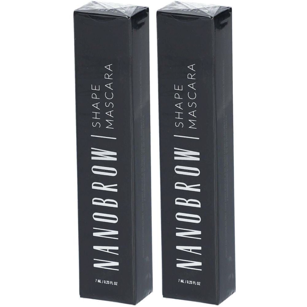 Deux boîtes noires pour Shape Mascara. NANOBROW et Shape Mascara sont inscrits sur chaque boîte.
