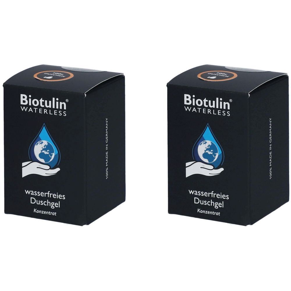 Deux boîtes noires. Sur chacune, "Biotulin WATERLESS wasserfreies Duschgel". Une goutte bleue avec une carte du monde est représentée.