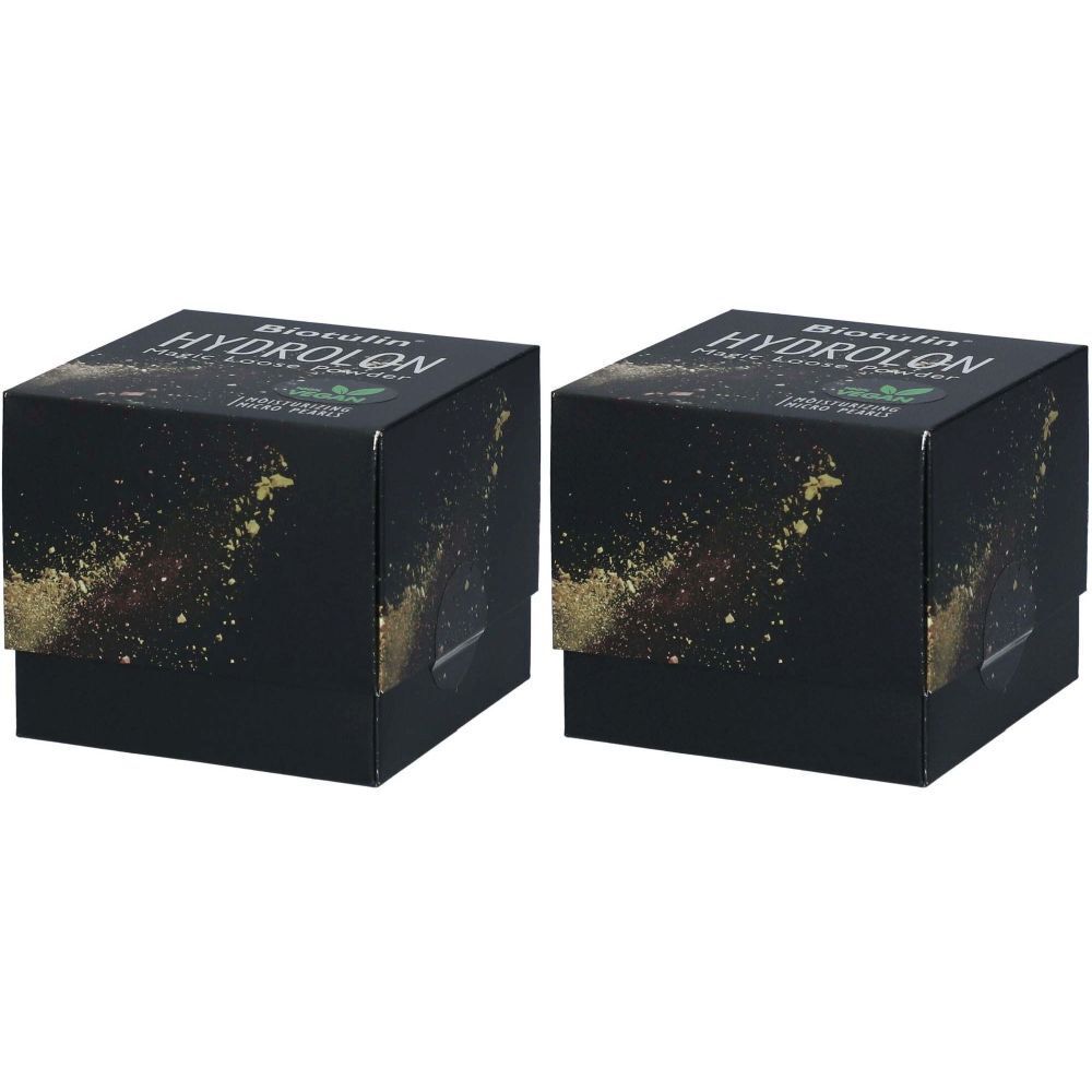 Zwei schwarze quadratische Produktverpackungen mit goldfarbenen Spritzern. Auf der Oberseite steht "HYDROLON".