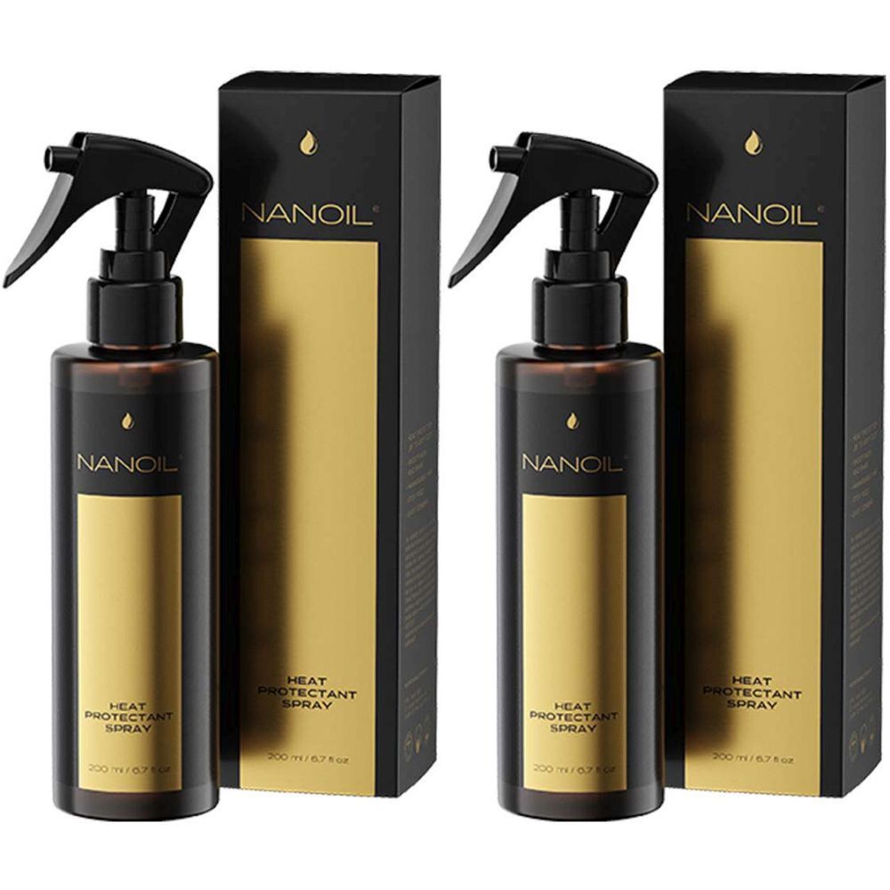 Zwei Flaschen mit Sprühkopf und Verpackung. Aufschrift NANOIL, HEAT PROTECTANT SPRAY.