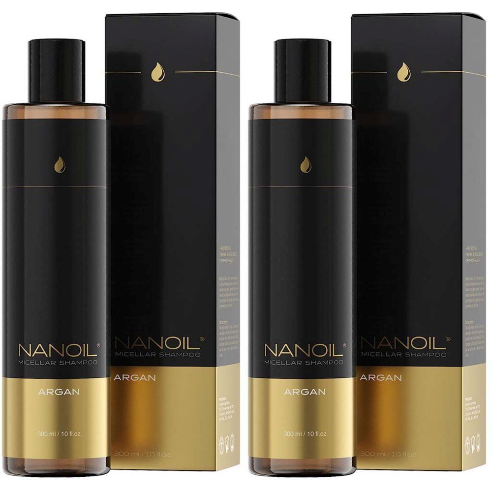 Zwei Flaschen NANOIL Argan Micellar Shampoo mit Verpackung. Schwarze Flaschen mit goldfarbenen Akzenten und Logo.