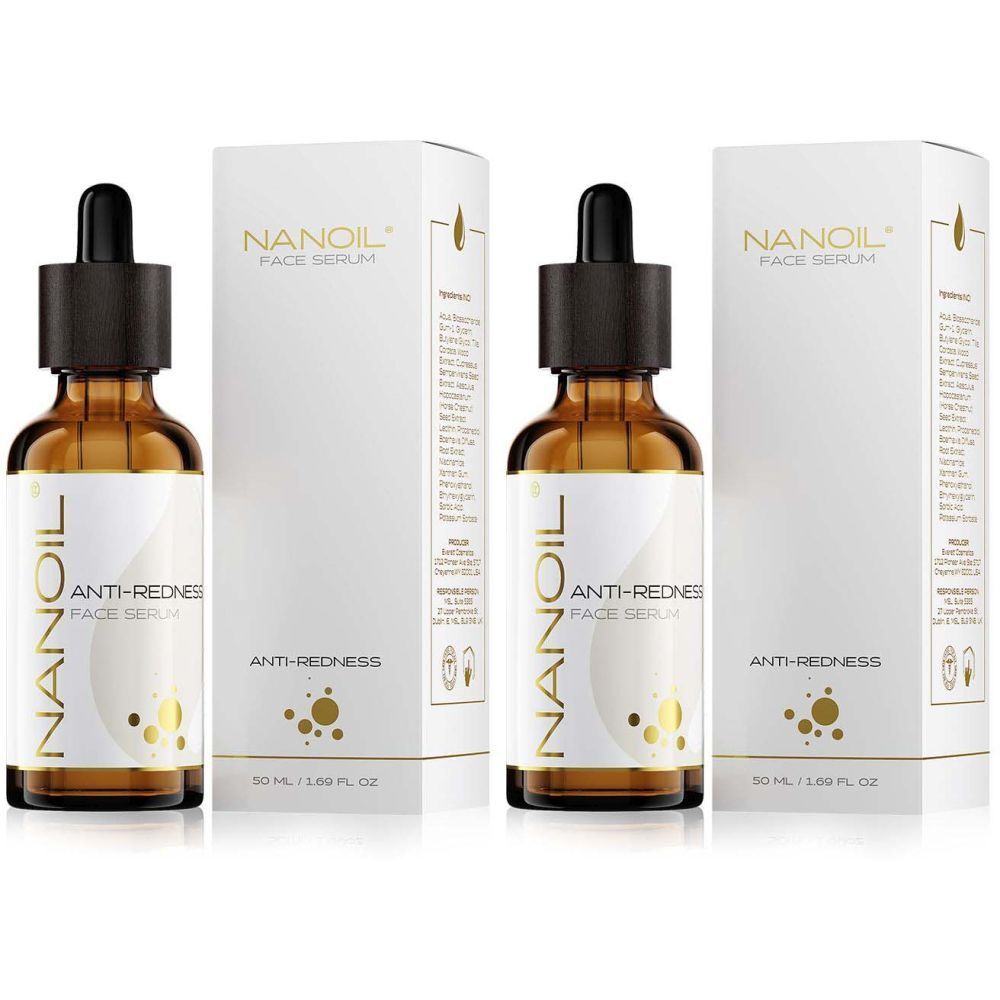 Deux flacons et emballages. Sur les flacons, "NANOIL ANTI-REDNESS FACE SERUM". Flacons en verre brun avec pipette noire.