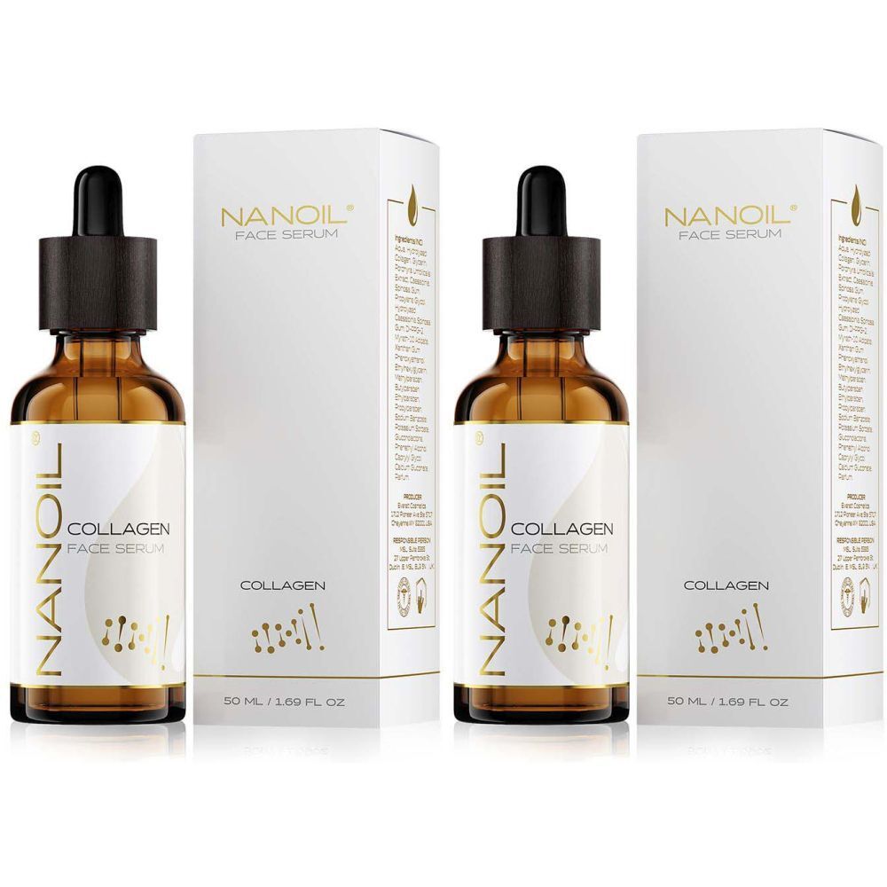 Zwei Flaschen und Verpackungen. Aufschrift: NANOIL Collagen Face Serum. Braune Glasflaschen mit schwarzer Pipette.