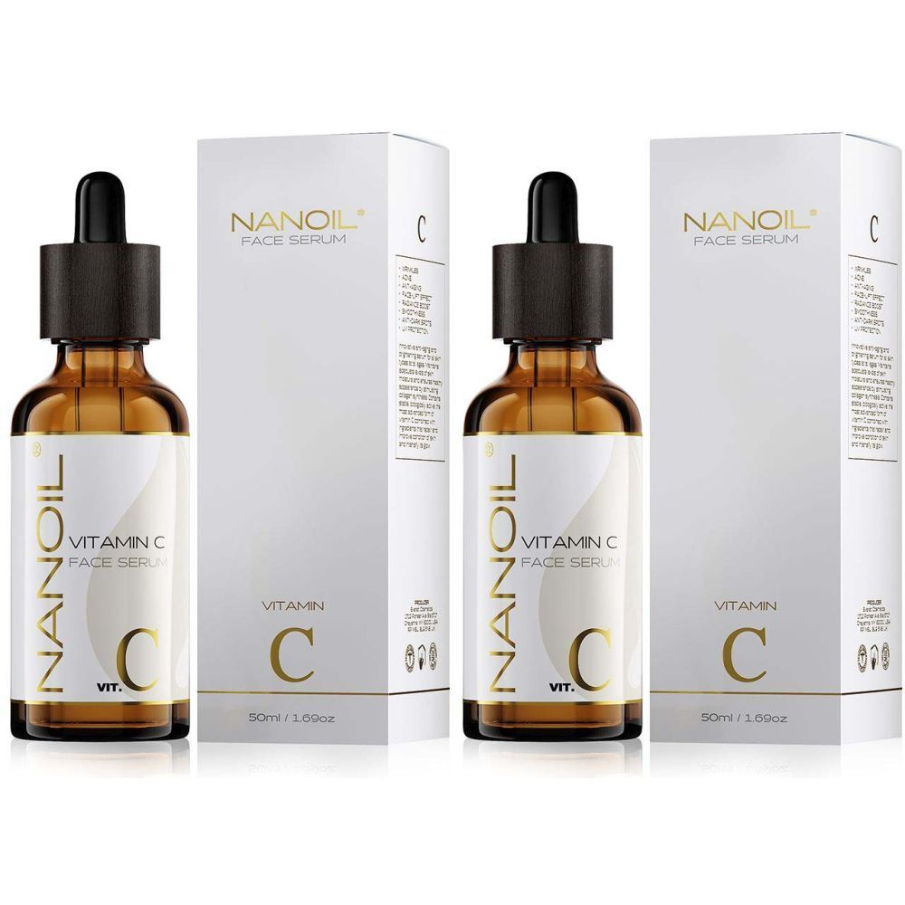 Trois flacons de sérum pour le visage NANOIL Vitamin C avec pipette noire et emballage blanc. Texte visible.