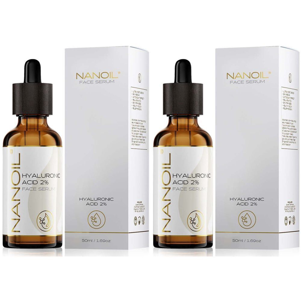Zwei Flaschen und Verpackungen von NANOIL Hyaluronsäure Gesichtsserum. Braune Glasflaschen mit schwarzer Pipette, weiße Verpackung.