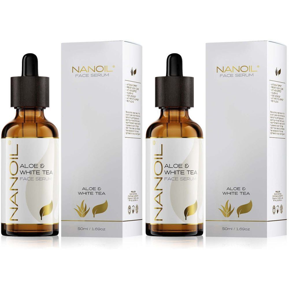 Trois flacons de sérum pour le visage avec compte-gouttes et emballage. Inscription : NANOIL, Aloe & White Tea Face Serum.
