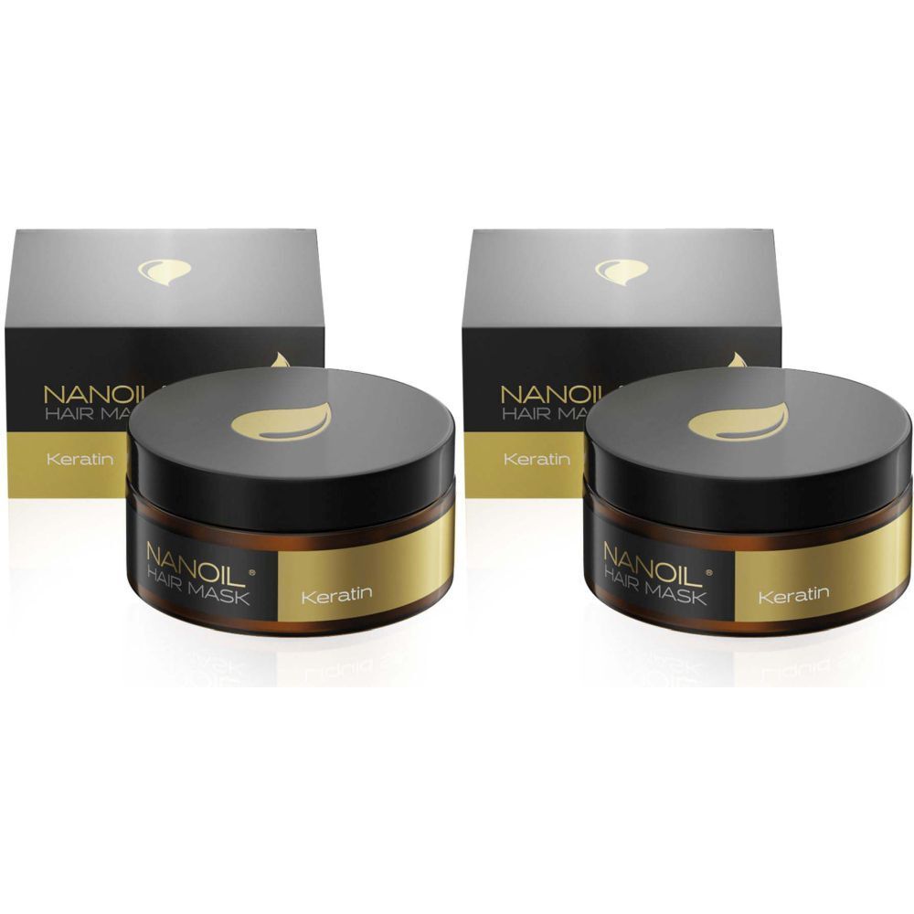 Deux pots ronds avec couvercles noirs et étiquettes dorées. Inscription : NANOIL HAIR MASK Keratin.