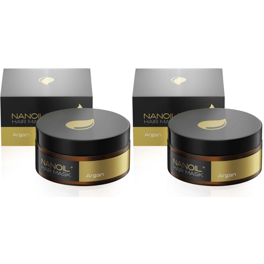 Zwei Tiegel NANOIL Haarmaske mit schwarzem Deckel und goldfarbenem Rand. Aufschrift: NANOIL HAIR MASK Argan. Dazu zwei schwarze Kartons.