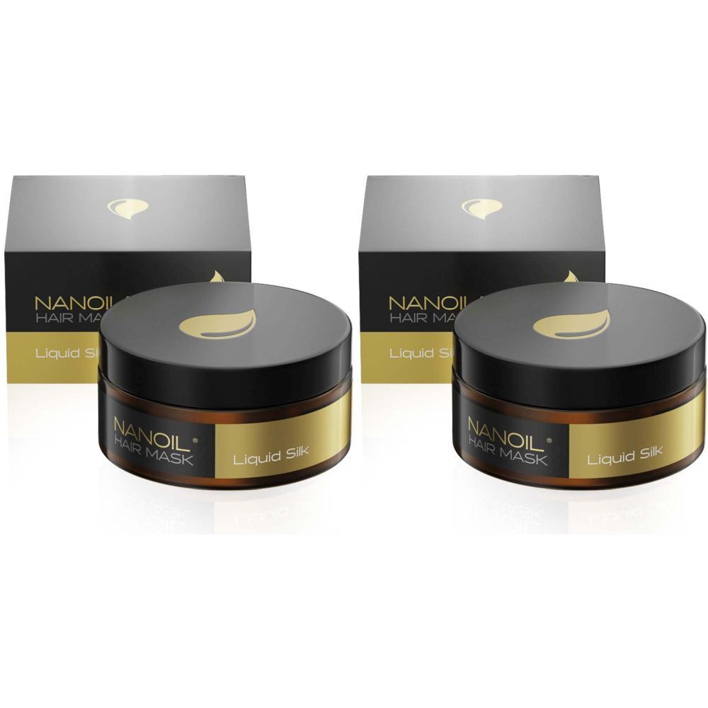 Zwei Tiegel und Schachteln. Auf den Tiegeln steht NANOIL HAIR MASK Liquid Silk. Die Schachteln sind schwarz mit goldenen Details.