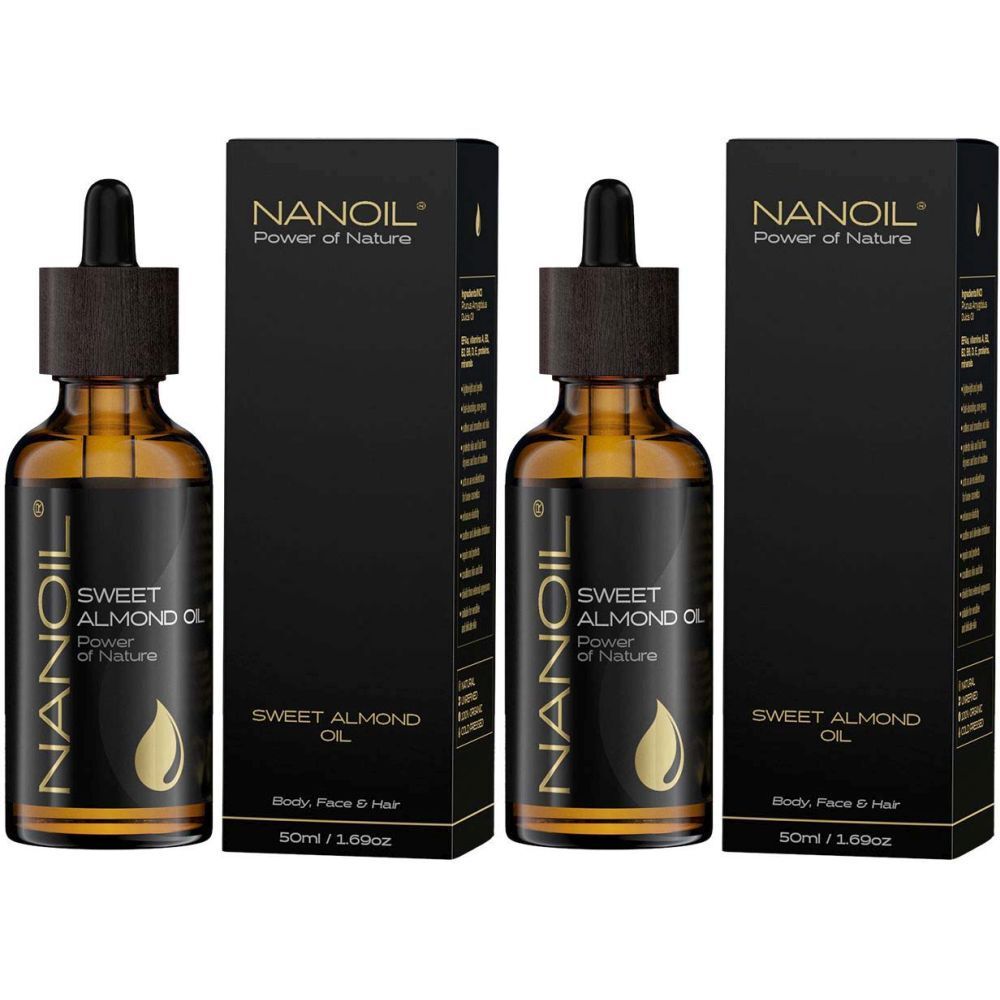 Deux flacons d'huile brune avec bouchons en bois, à côté de deux boîtes noires avec l'inscription NANOIL Sweet Almond Oil.