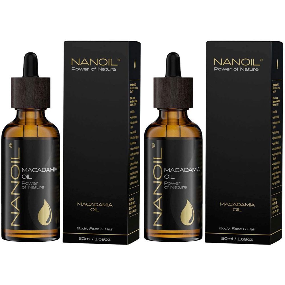 Drei Flaschen NANOIL Macadamiaöl mit schwarzen Verpackungen. Aufschrift: Macadamia Oil, Power of Nature. Tropfer und Flaschen aus Glas.