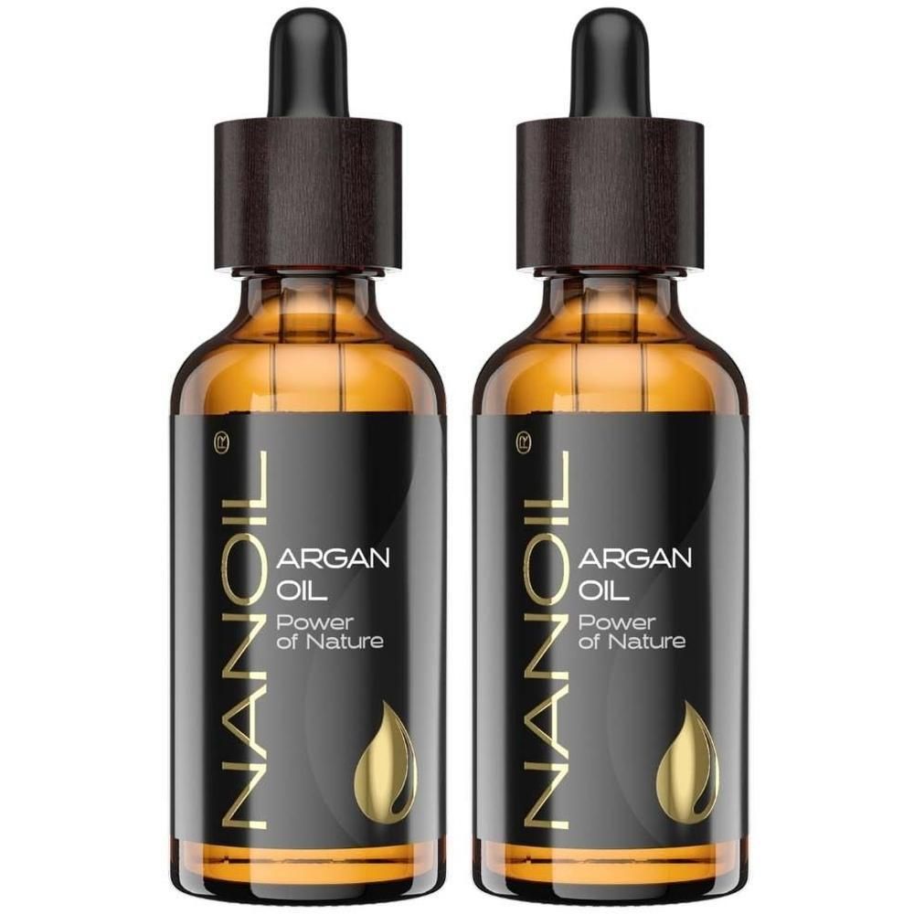 Zwei Flaschen NANOIL Arganöl mit schwarzen Verpackungen. Aufschrift: Argan Oil, Power of Nature. Tropfer und Flaschen aus Glas.